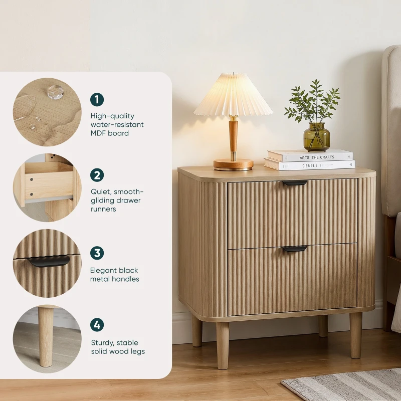 Nordic Farmhouse Bedside Table with 2 Drawers, Practical Oak Storage Side Cabinet for Bedroom Living Room, 57L x 40W x 57H cm, Oak