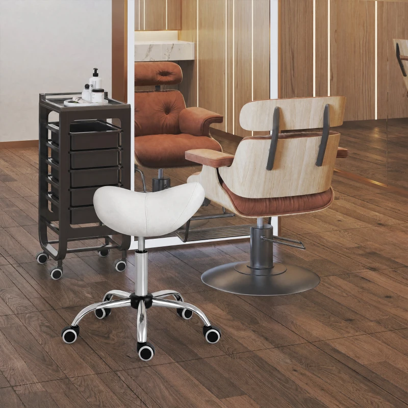 HOMCOM Tabouret à roulettes, tabouret de massage avec hauteur réglable 49-61 cm et selle ergonomique, chaise de travail à roulettes pivotant 360°, pour salon de massage tatouage clinique spa, blanc