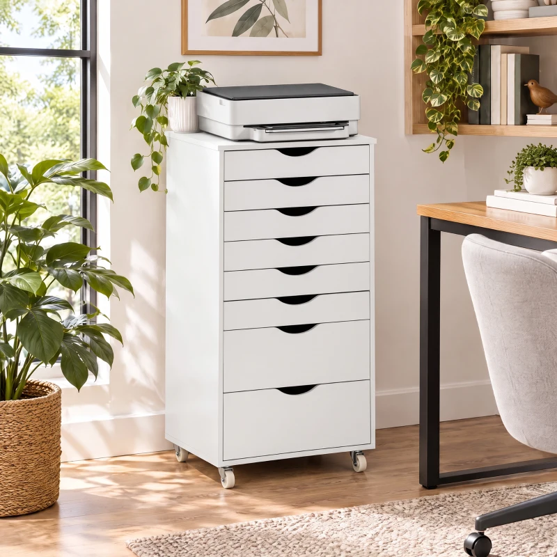 HOMCOM Caisson Bureau Mobile avec 8 Tiroirs, Meuble Rangement Bureau pour Documents et Imprimante, 53x40x103,5cm, Blanc