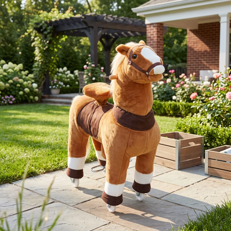 AIYAPLAY Reitpferd auf Rollen Spielpferd zum Reiten mit 4 Rädern Griffe Fußstütze, 95 cm hoch bis 40 kg, für Kinder 4-12 Jahren