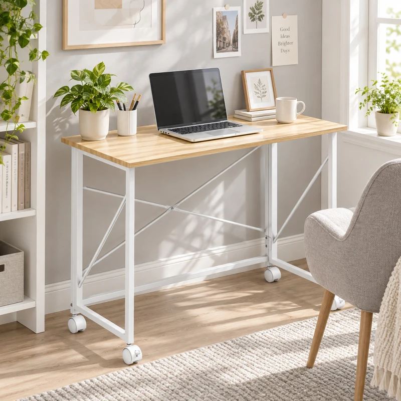 HOMCOM Secretária Dobrável com Rodas Mesa de Secretária Compacta Portátil para Espaços Pequenos 80x40x75 cm Madeira e Branco