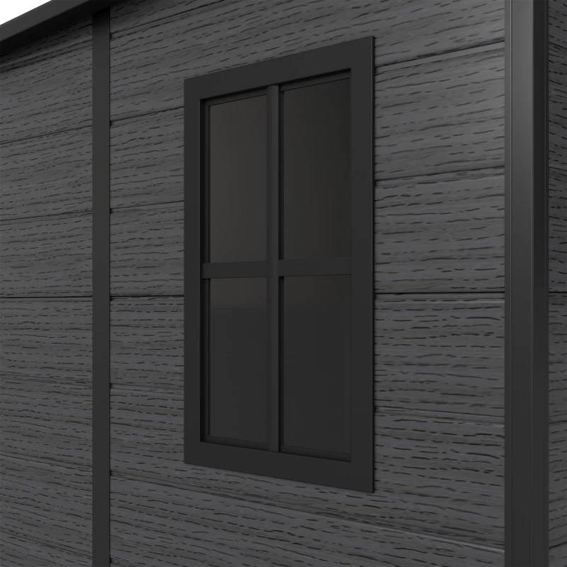 Outsunny 6 x 6 ft Plastic Garden Shed, Wood-Effect Outdoor Storage Shed with Floor, Windows, Lockable Doors and Vents, Dark Grey