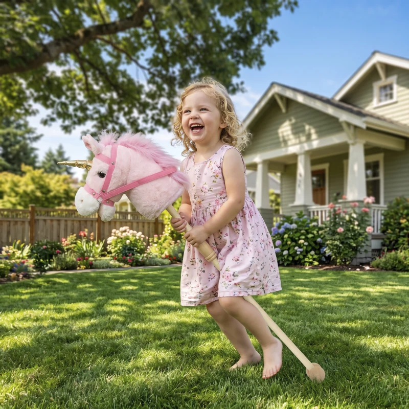 AIYAPLAY Hobby Horse with Wood Wheels, Stick Horse with Grip Handle, Sound, Plush Hobby Horse Toy for Imaginative Play, Pink