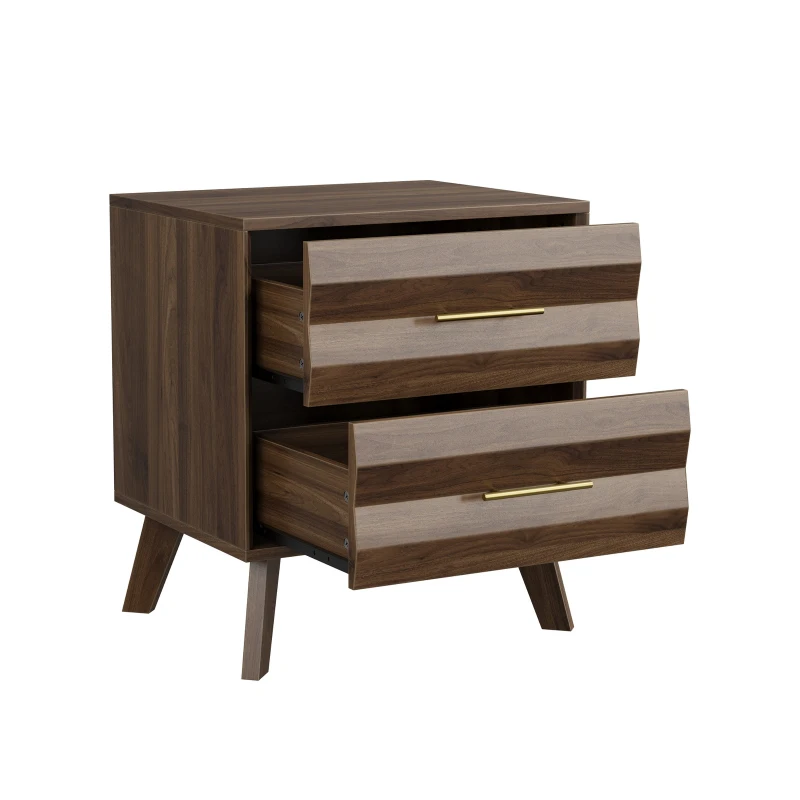 Sturdy Walnut Double Drawer Bedside Table with Metal Handles, Sleek Bedside Storage Cabinet for Bedroom, 50L x 40W x 58H cm, Walnut
