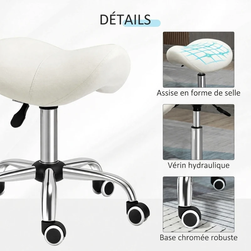 HOMCOM Tabouret à roulettes, tabouret de massage avec hauteur réglable 49-61 cm et selle ergonomique, chaise de travail à roulettes pivotant 360°, pour salon de massage tatouage clinique spa, blanc