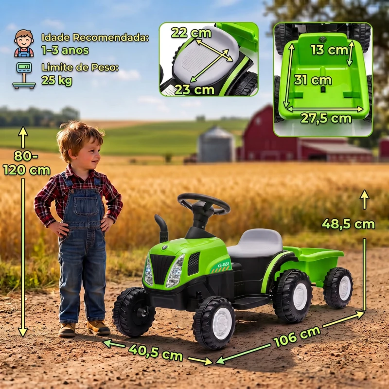 AIYAPLAY Trator Elétrico para Crianças 6V com Reboque Amovível, Luzes, Música, Buzina e Pedal, 2,5 km/h, Verde, 1-3 Anos