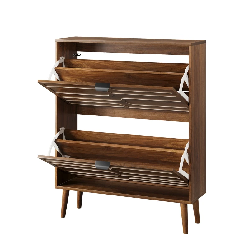 Farmhouse Walnut Shoe Storage Cabinet with 2 Flip Drawers, Slim Fence Shoe Cabinet for Corridor Entrance, 80L x 24W x 98H cm, Walnut