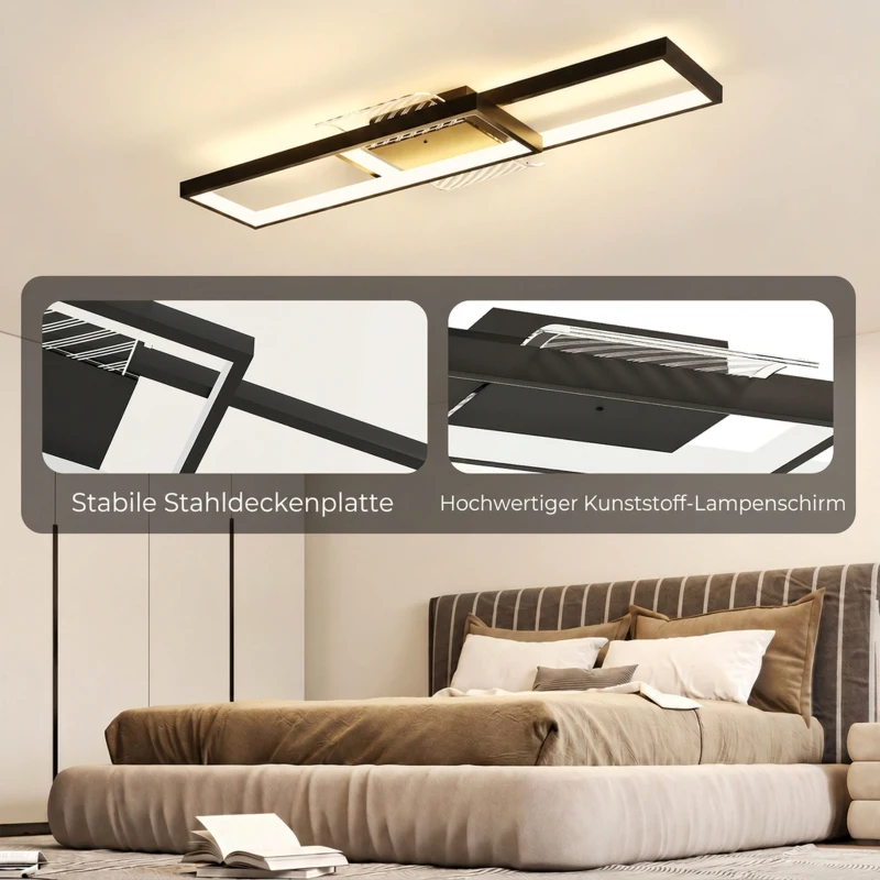 HOMCOM Deckenleuchte LED 43W 4600LM 3000-6000K dimmbare Deckenlampe Flach mit Fernbedienung Wandschalter 70 x 30 x 7 cm Schwarz