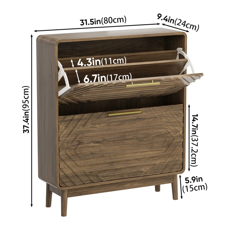Warm Walnut Shoe Storage Cabinet with 2 Flip-Top Drawers, Mid-Century Freestanding Shoe Cabinet for Entry Hallway, 80L x 24W x 95H cm, Walnut