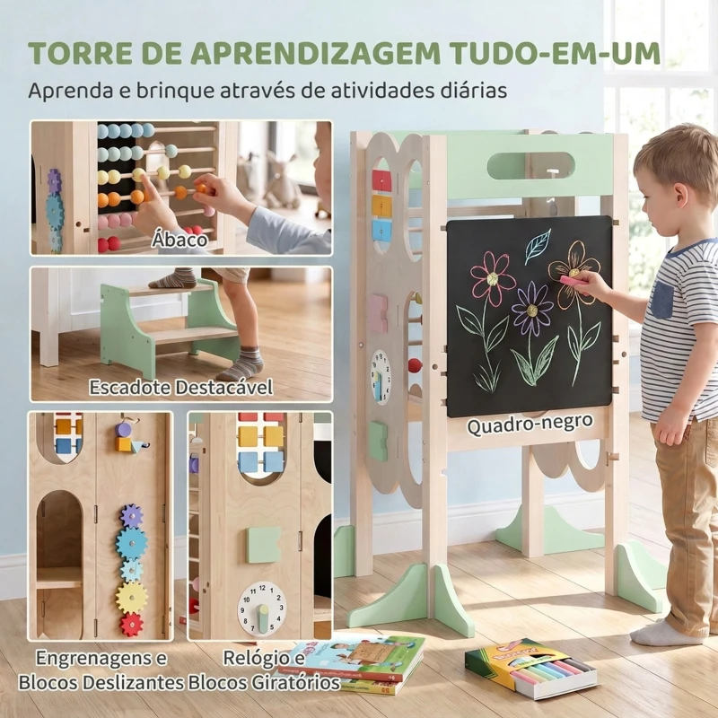 AIYAPLAY Torre de Aprendizagem Infantil Montessori 6 em 1 com Quadro, Banco de Cozinha para Crianças dos 2 aos 6 Anos, Verde