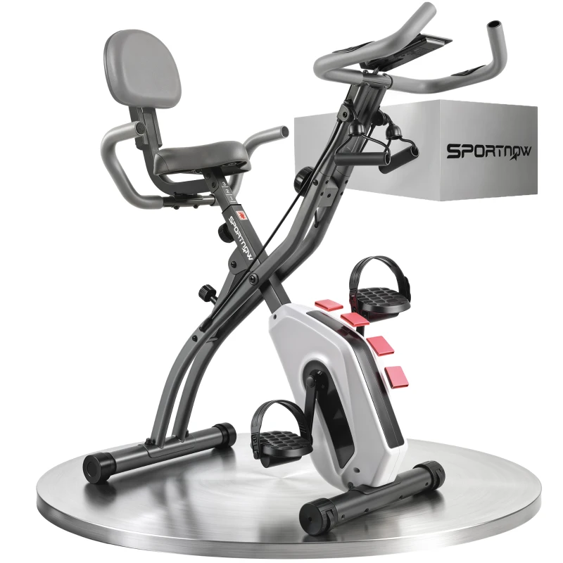 SPORTNOW 4-In-1 Folding Exercise Bike with Resistance Bands, Bluetooth App, 8-Level Magnetic Resistance, LCD Display, Grey