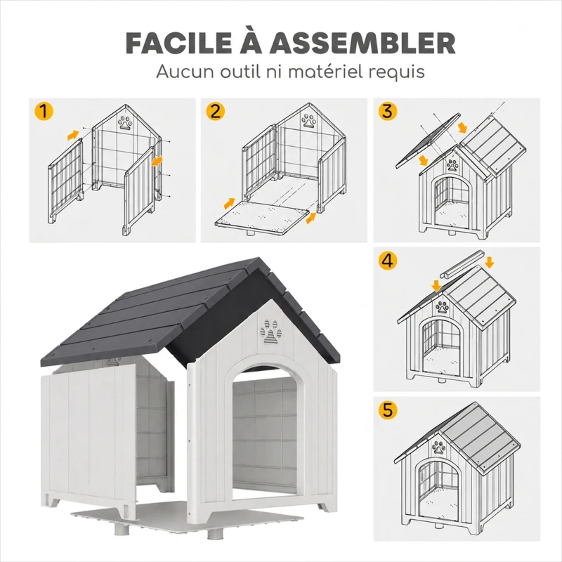 PawHut Niche pour chien extérieur, maison chien en polypropylène imperméable ventilé plancher surélevé 76x66x77cm gris clair