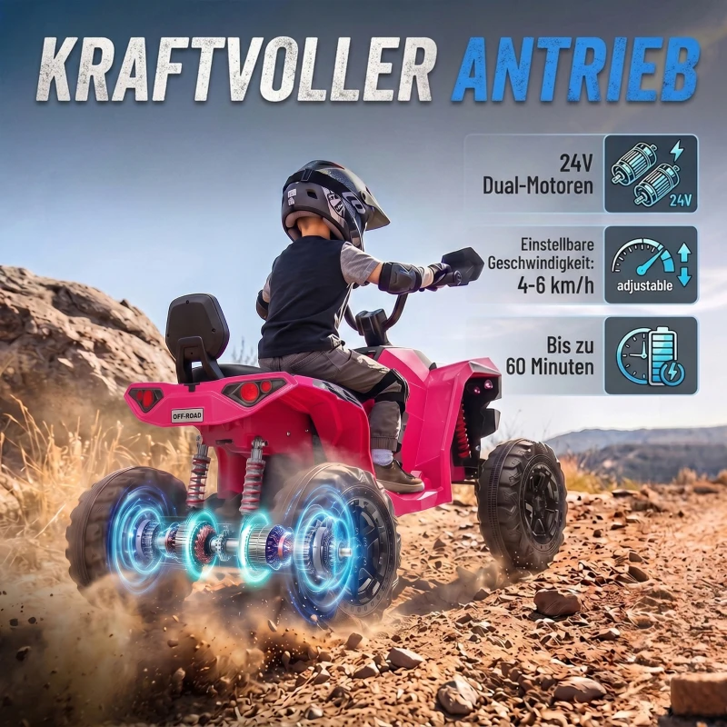 AIYAPLAY Quad elektryczny 24V dla dzieci 2-osobowy ATV elektryczny 4–6 km/h quad dla dzieci z akumulatorem litowym 2 120W silniki 4-kołowe zawieszenie