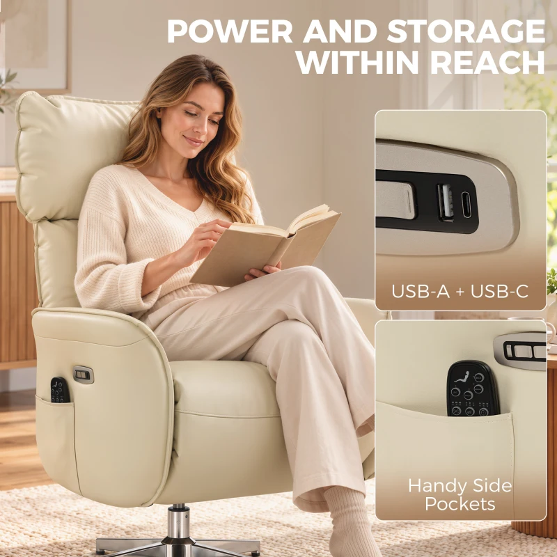 HOMCOM Fauteuil Relax Électrique Pivotant Massant et Chauffant Fauteuil Inclinable en PU Hauteur Réglable Double Moteur Crème