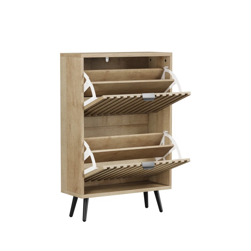 Slimline Oak Freestanding Shoe Cabinet with 2 Tilt-Out Compartments, Mid-Century Shoe Organizer for Hallway Porch, 60L x 24W x 95H cm, Oak