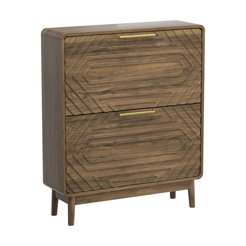 Warm Walnut Shoe Storage Cabinet with 2 Flip-Top Drawers, Mid-Century Freestanding Shoe Cabinet for Entry Hallway, 80L x 24W x 95H cm, Walnut