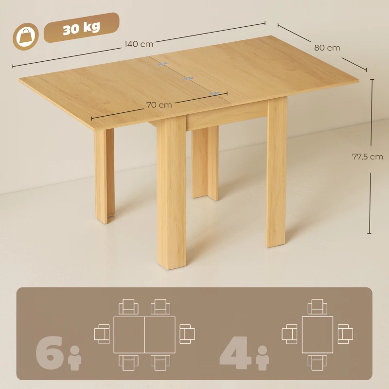 HOMCOM Mesa de Comedor Extensible 70-140x80 cm para 4-6 Personas con Almohadillas de Fieltro Natural