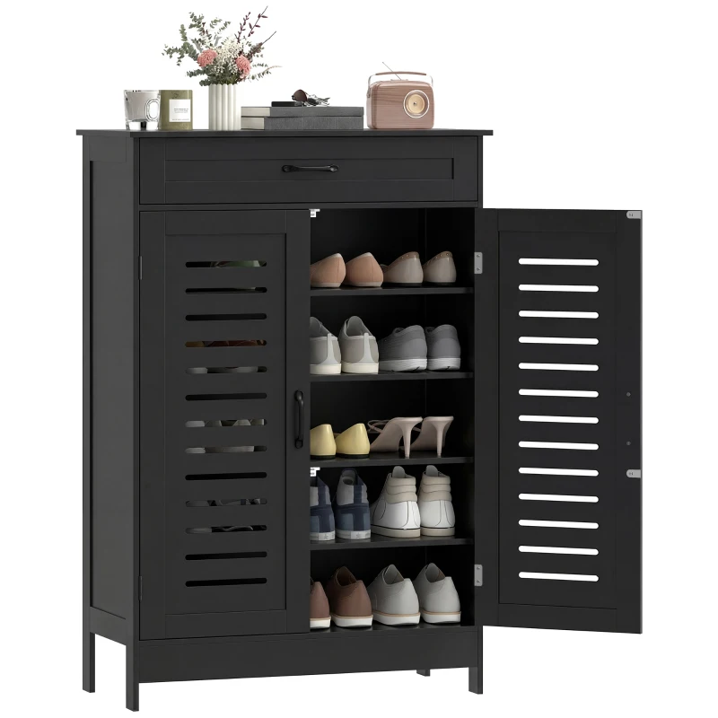 HOMCOM Meuble à chaussures 20 paires, armoire à chaussures avec 2 portes persiennes, tiroir et étagères réglables, noir