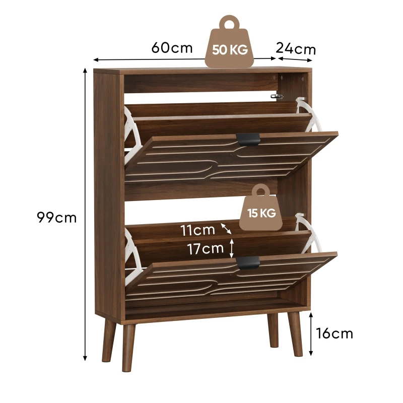 Farmhouse Walnut Shoe Storage Cabinet with 2 Flip Drawers, Slim Fence Shoe Cabinet for Corridor Entrance, 60L x 24W x 98H cm, Walnut
