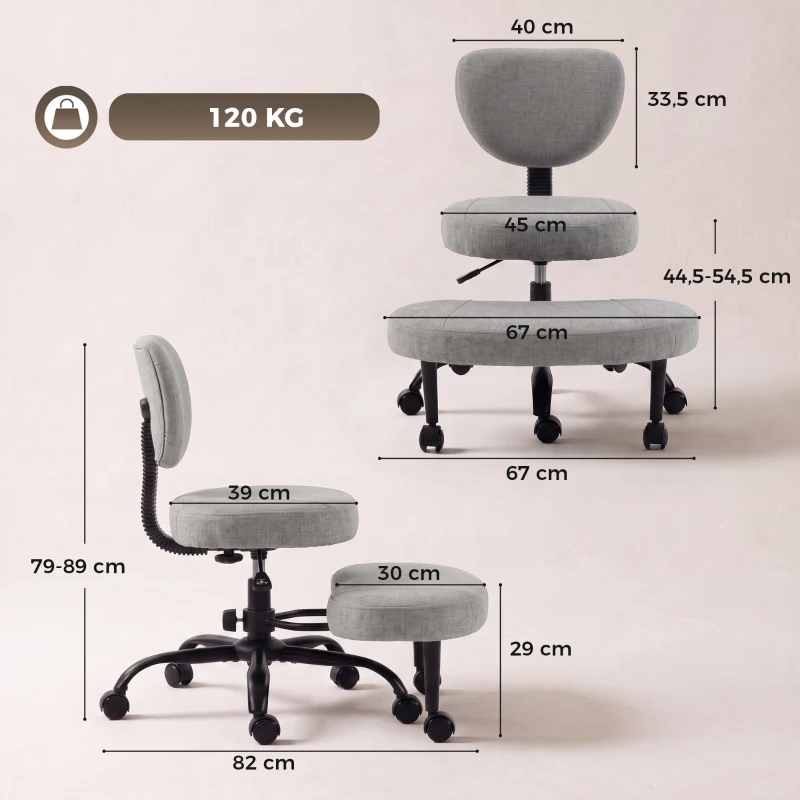 HOMCOM Silla de Oficina Ergonómica para Piernas Cruzadas Giratoria 360° Ruedas PU Altura Ajustable para TDAH Meditación Gris