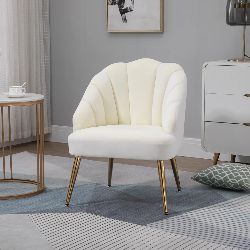 HOMCOM Fauteuil Salo, Fauteuil Coquillage Rembourré en Velours avec Pieds Dorés en Acier, 63 x 65 x 84 cm, Crème