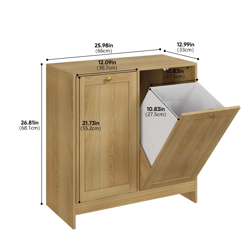 Smart Oak Tilted Laundry Hamper with 2 Baskets, Hidden Free-Standing Laundry Cabinet for Bathroom Utility Room, 66L x 33W x 68H cm, Oak