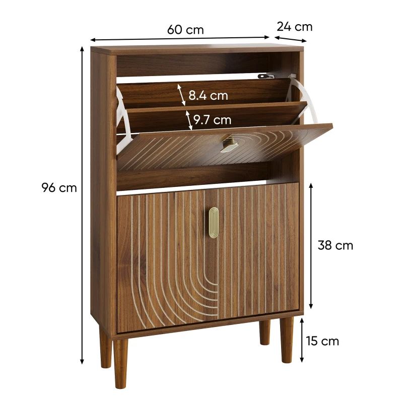 Minimalist Walnut Shoe Storage Cabinet with 2 Flip Drawers, Freestanding Shoe Rack Cabinet for Entryway, 60L x 24W x 96H cm, Walnut