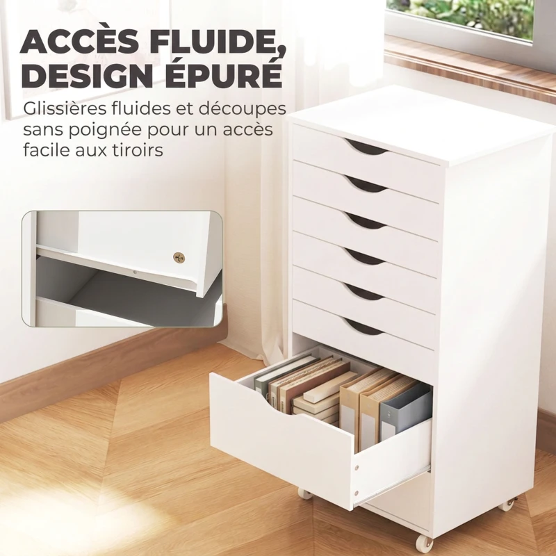 HOMCOM Caisson Bureau Mobile avec 8 Tiroirs, Meuble Rangement Bureau pour Documents et Imprimante, 53x40x103,5cm, Blanc