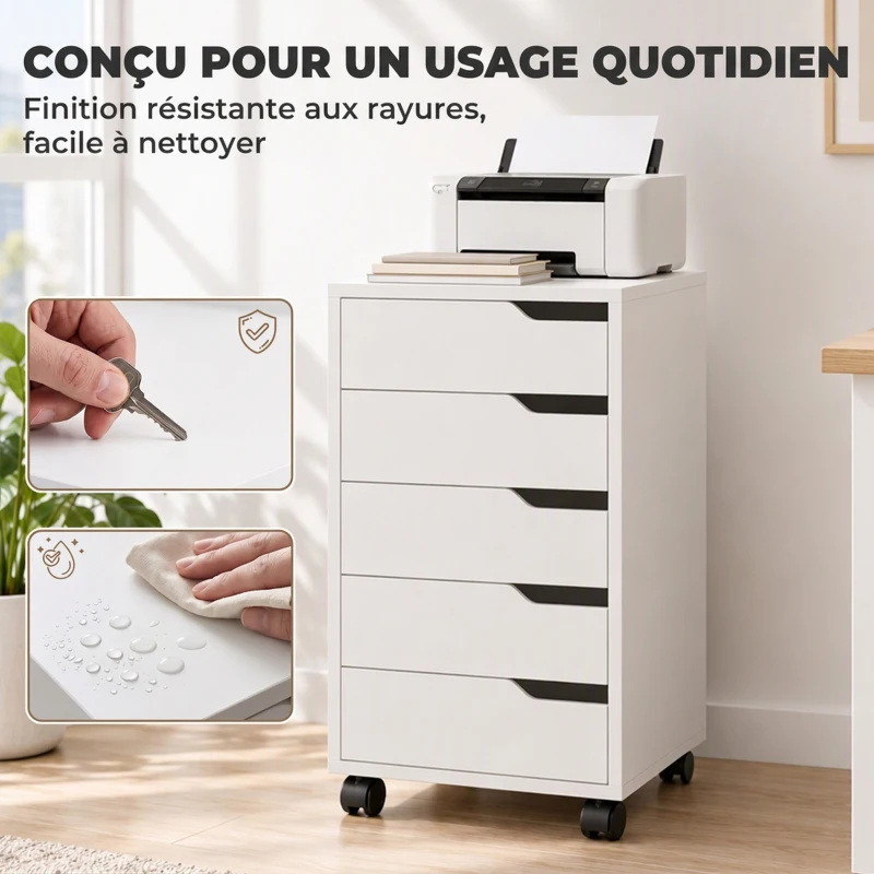HOMCOM Caisson Bureau Mobile avec 5 Tiroirs, Meuble Rangement Bureau sur Roulettes pour Documents et Imprimante, Blanc