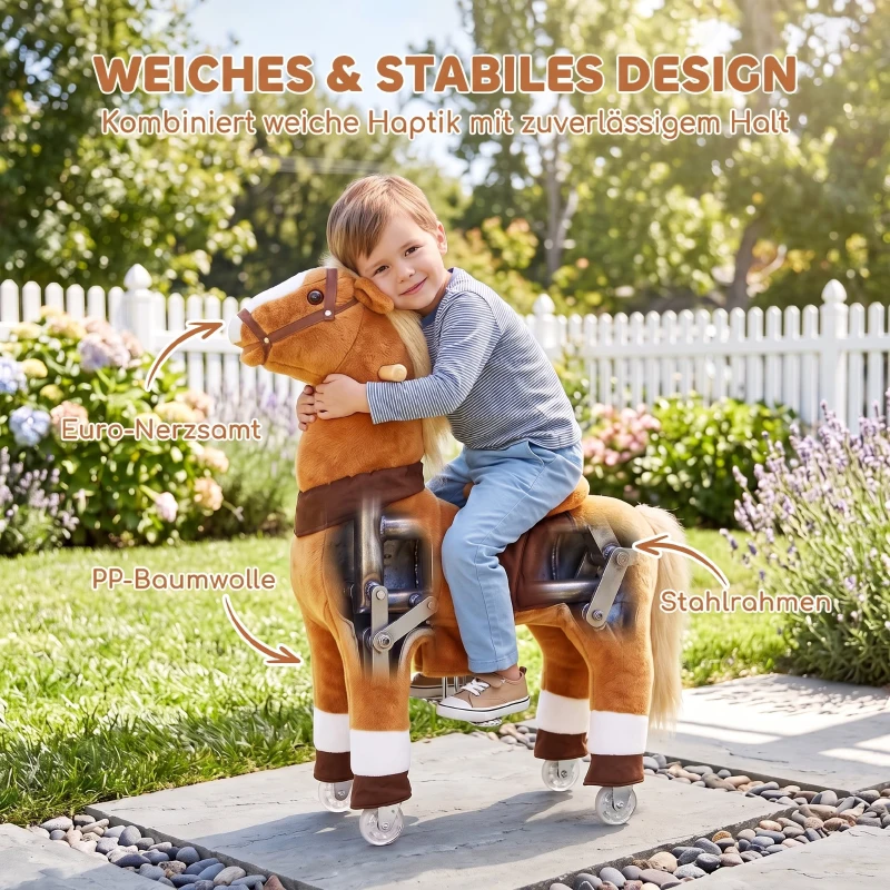 AIYAPLAY Reitpferd auf Rollen Spielpferd zum Reiten mit 4 Rädern Griffe Fußstütze, 95 cm hoch bis 40 kg, für Kinder 4-12 Jahren