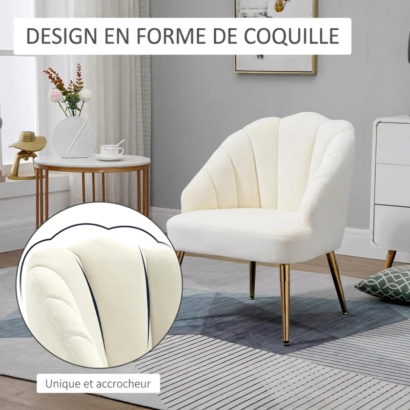 HOMCOM Fauteuil Salo, Fauteuil Coquillage Rembourré en Velours avec Pieds Dorés en Acier, 63 x 65 x 84 cm, Crème