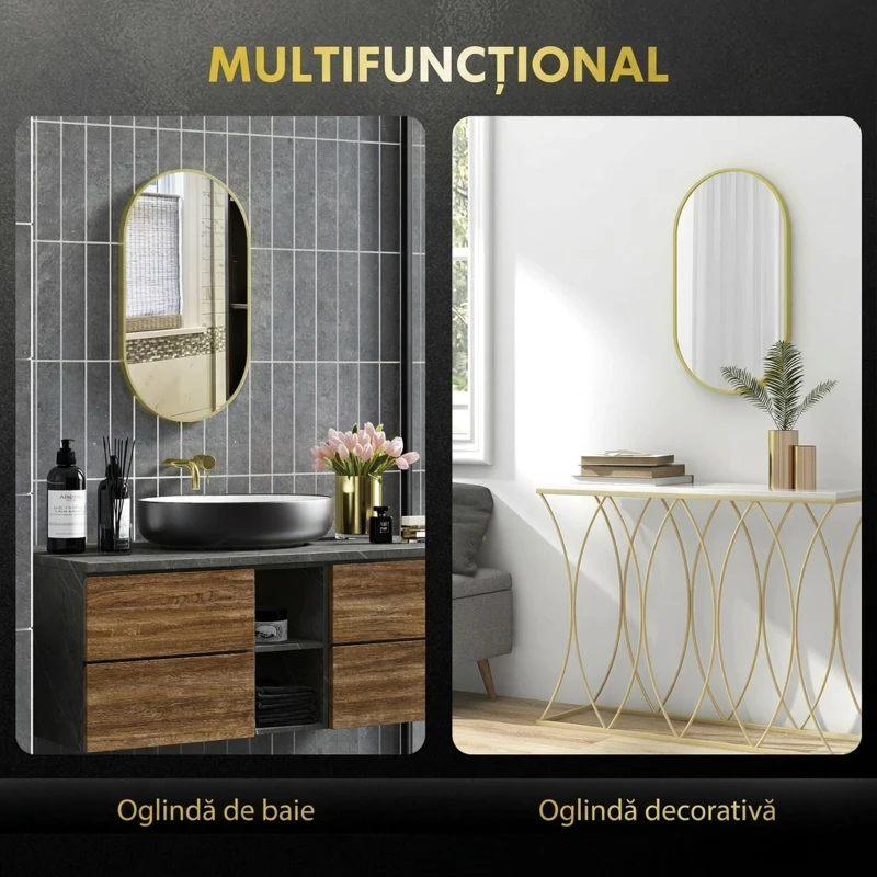 HOMCOM Oglindă Ovală de Baie pentru Perete, cu Ramă din Aluminiu, Montaj Vertical sau Orizontal, 40x70 cm, Auriu