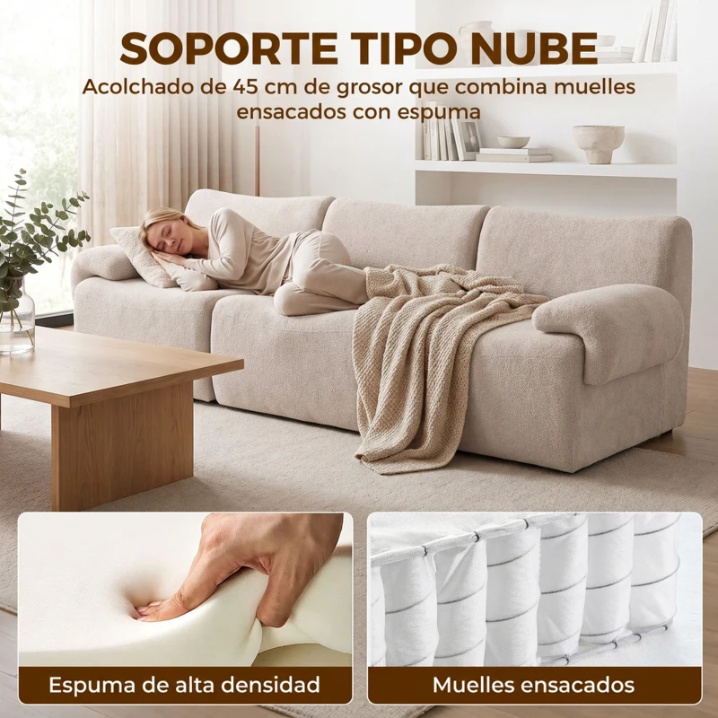 HOMCOM Sofá 3 Plazas Modular 277 cm de Chenilla sin Armazón Cojín Grueso con Muelles Asiento Ancho Profundo sin Montaje Beige