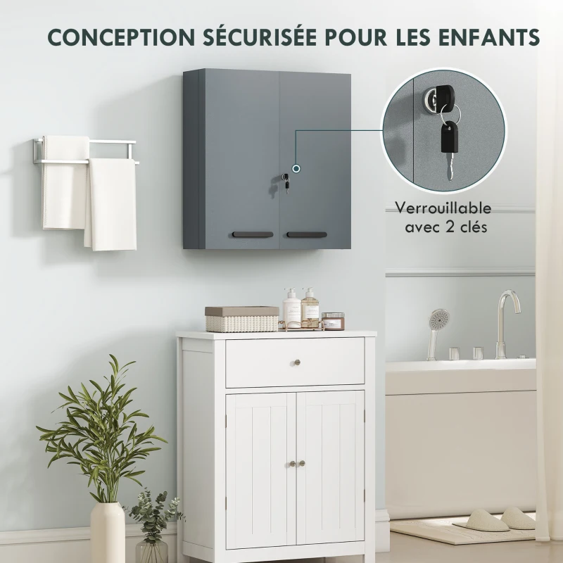 kleankin Armoire à pharmacie 6 étagères avec serrure et 2 clés de sécurité, 55x18x60 cm, gris