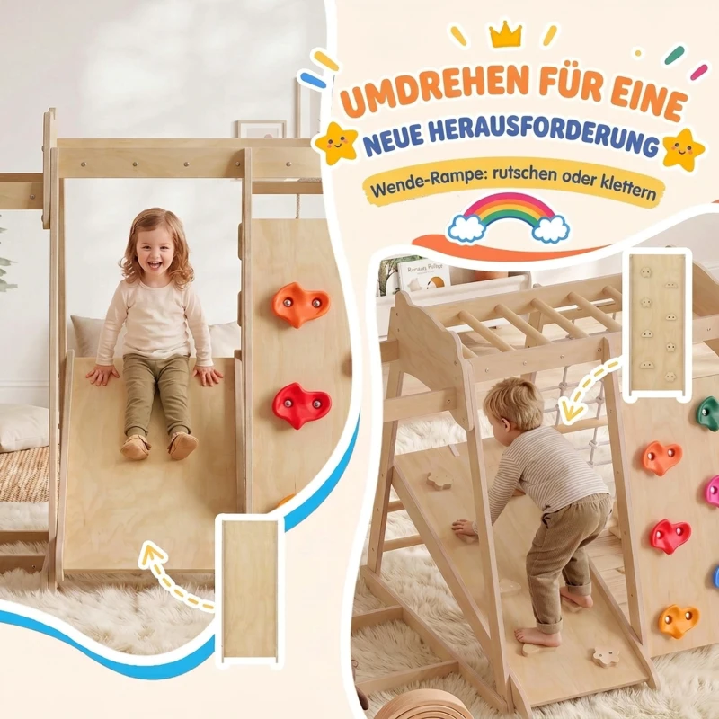 AIYAPLAY 7-w-1 Montessori zestaw wspinaczkowy do domu, drewniany plac zabaw z zjeżdżalnią, ścianką wspinaczkową, drążkami i koszem do koszykówki, drabinką