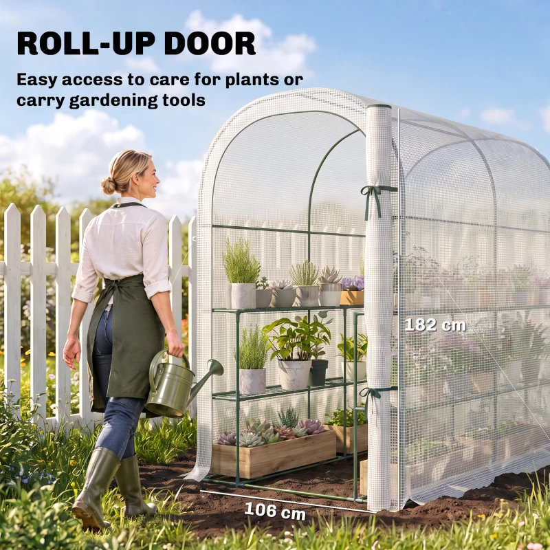 Outsunny Walk-in Greenhouse with Shelves, Small Greenhouse with PE Cover and Roll-up Door, 123 x 187 x 189 cm, White