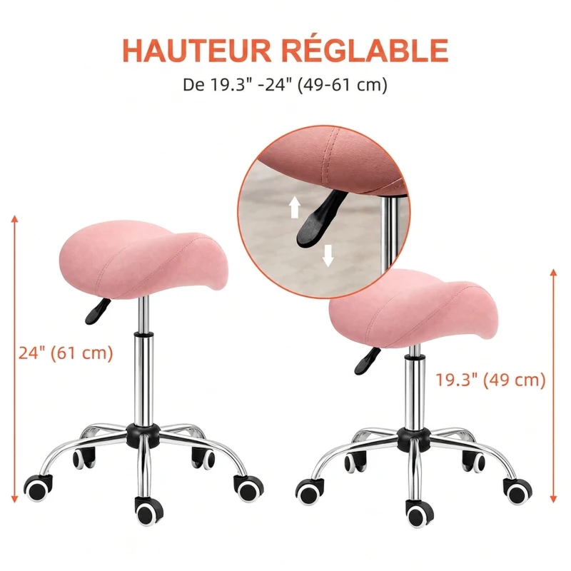 HOMCOM Tabouret à roulettes, chaise de travail avec hauteur réglable 49-61 cm et selle ergonomique, 52x53x49-61cm, rose