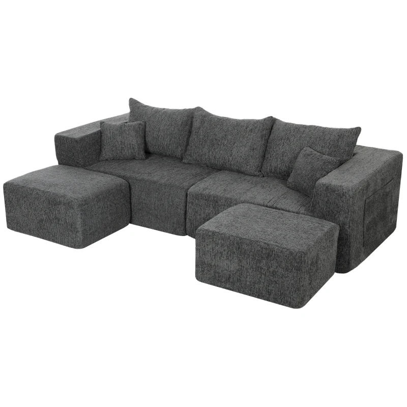 HOMCOM Sofá Modular en U de 3 Plazas con 2 Otomanas Bolsillos Sofá de Chenilla con Asiento Ancho No Requiere Montaje Gris