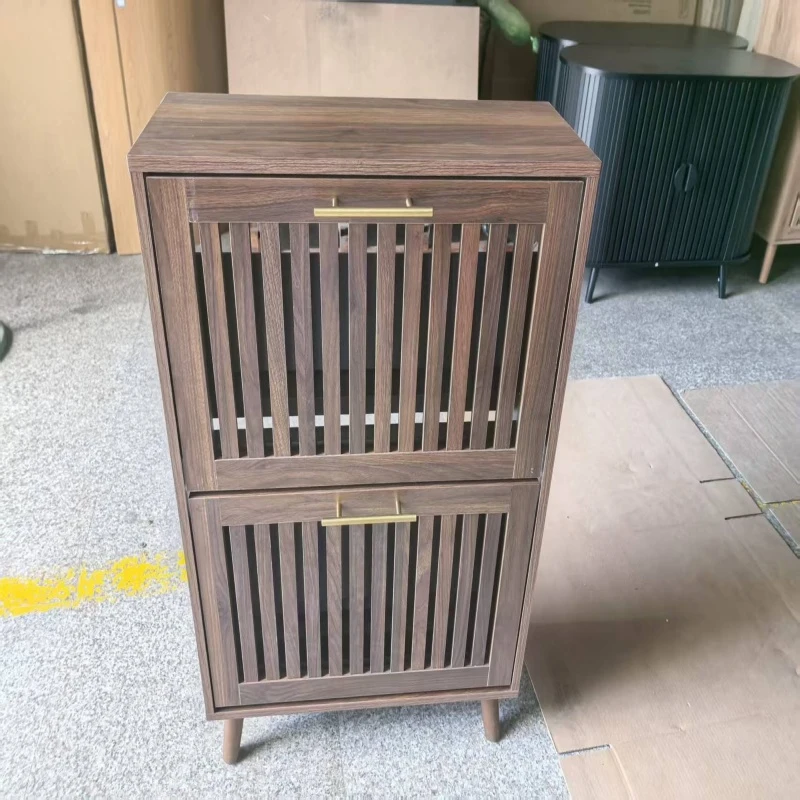 Rustic Walnut Shoe Storage Cabinet with 2 Flip Drawers, Compact Fence Shoe Cabinet for Hallway Entrance, 60L x 24W x 93H cm, Walnut