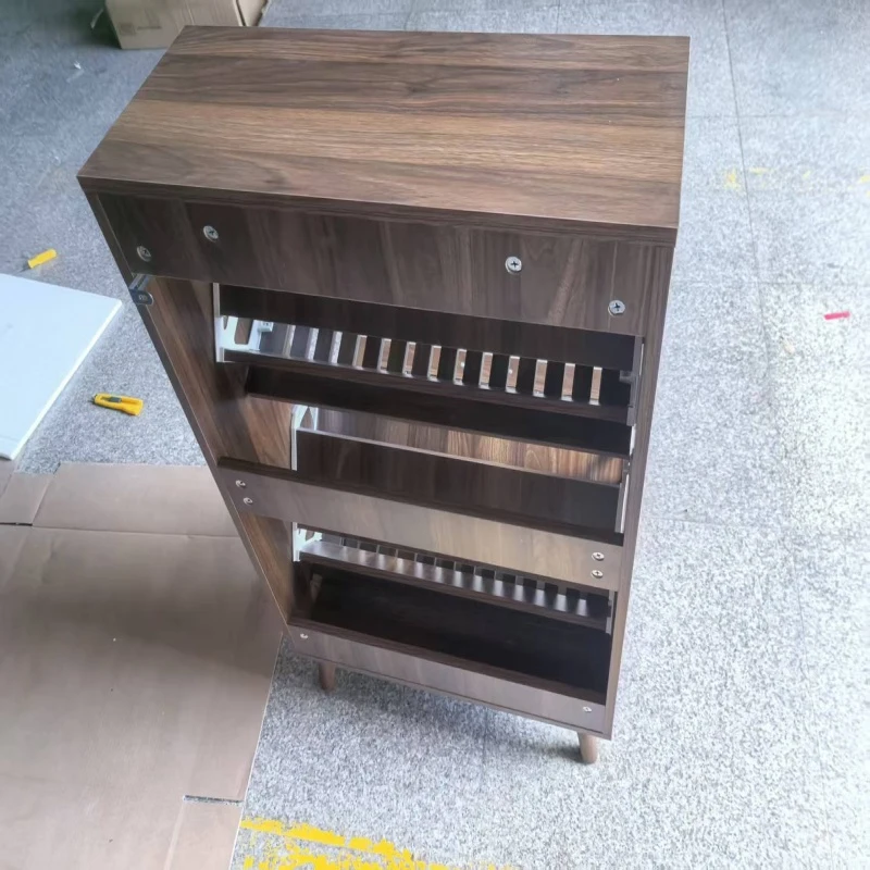 Rustic Walnut Shoe Storage Cabinet with 2 Flip Drawers, Compact Fence Shoe Cabinet for Hallway Entrance, 60L x 24W x 93H cm, Walnut