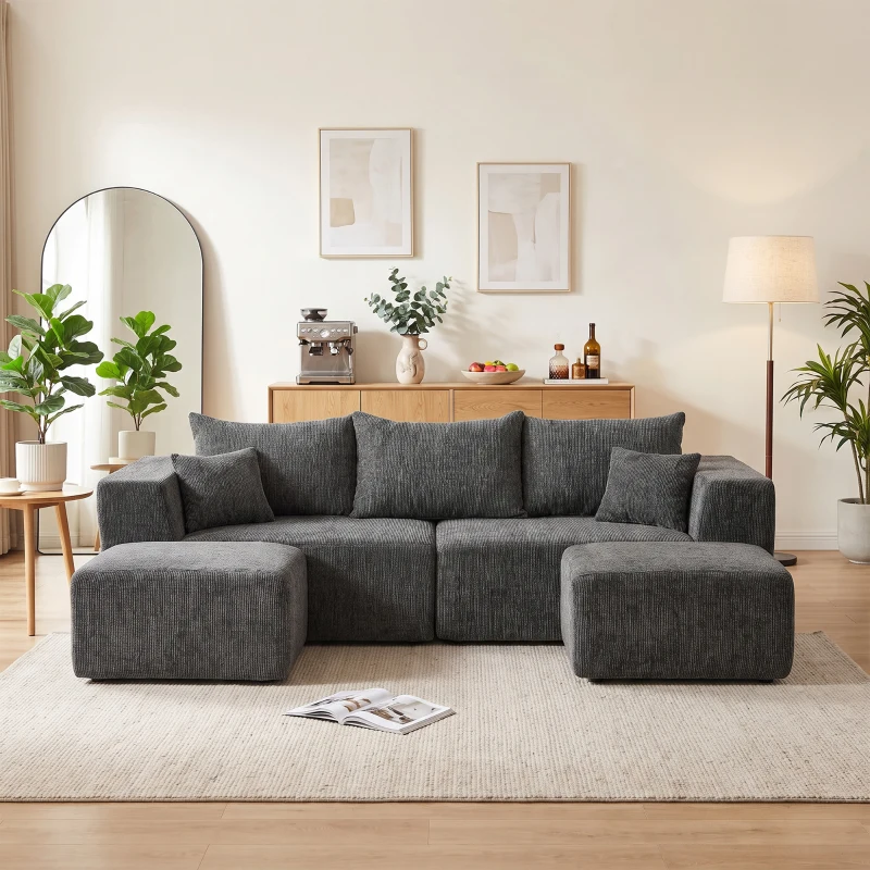 HOMCOM Sofá Modular en U de 3 Plazas con 2 Otomanas Bolsillos Sofá de Chenilla con Asiento Ancho No Requiere Montaje Gris