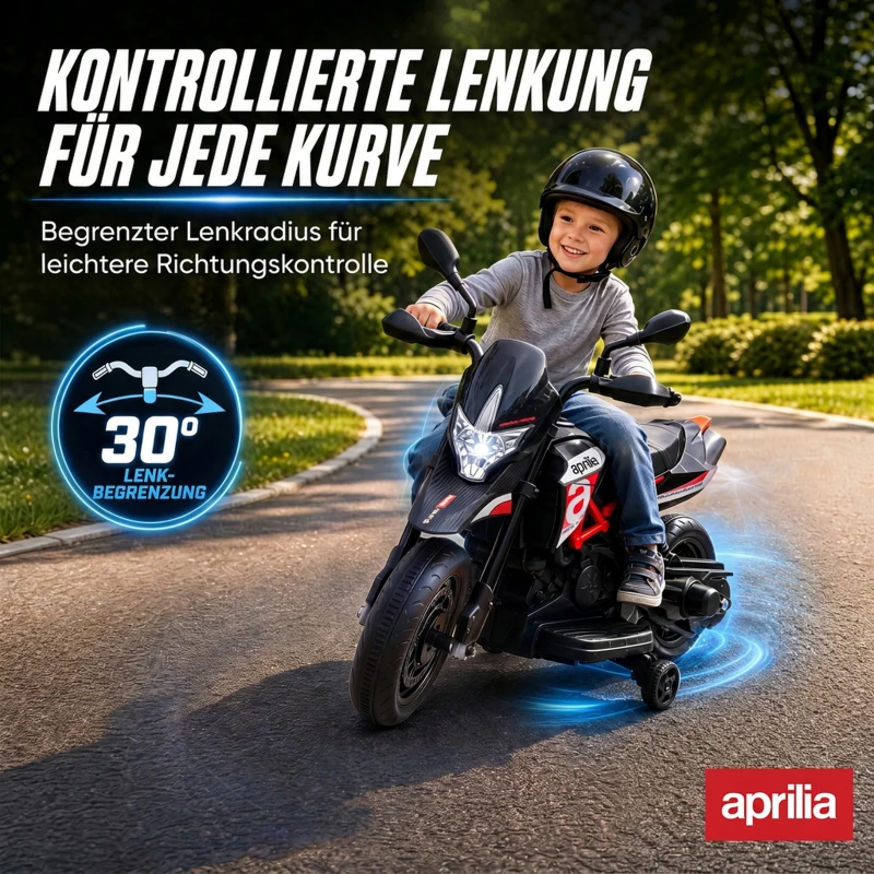 AIYAPLAY APRILIA 6V elektrische kindermotor met lithium-accu, 25W motor, 30° stuurbegrenzing en afneembare zijwieltjes