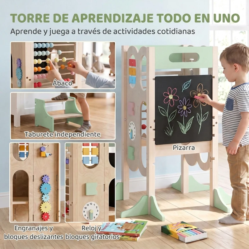 AIYAPLAY Torre de Aprendizaje 6 en 1 Montessori Plegable 3 Alturas con Pizarra Ábaco Reloj Escalones Desmontables 2-6 Años Verde