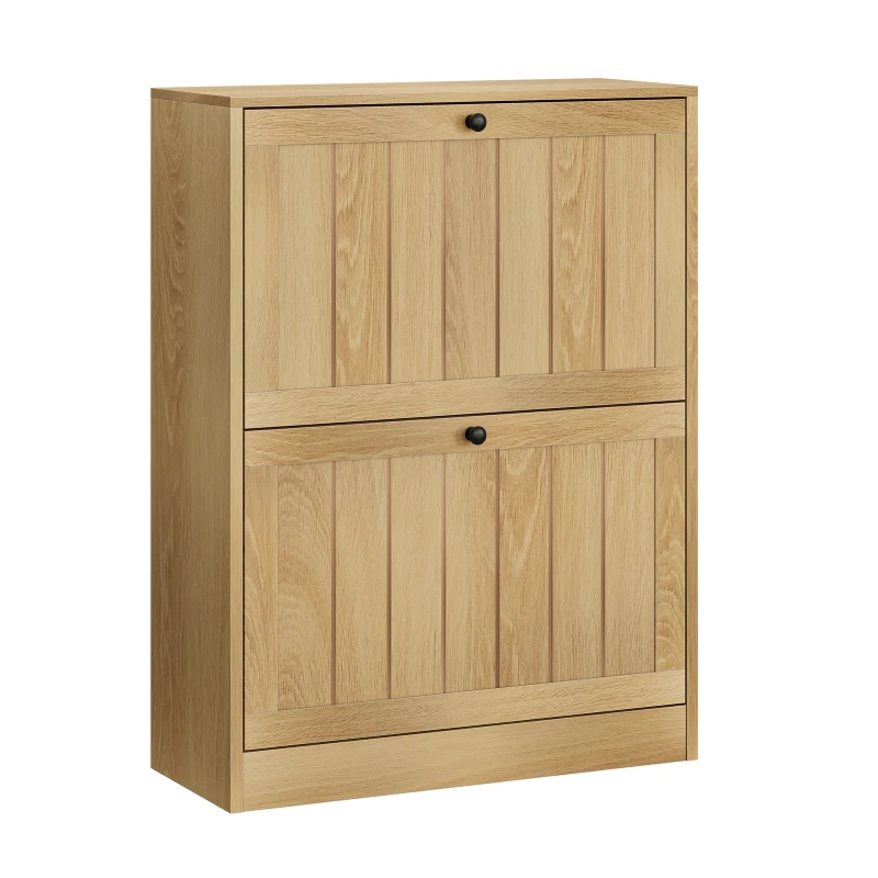 Slim Oak Hidden Shoe Cabinet with 2 Drop-Down Drawers, Mid-Century Freestanding Shoe Cabinet for Hallway, 60L x 24W x 80H cm, Oak
