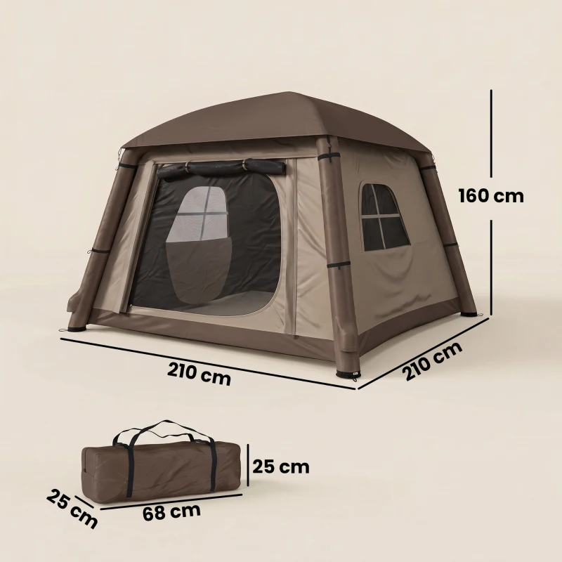 Outsunny Opblaasbare Campingtent voor 1-2 Personen Outdoor Familie Tent met Haak, Luchtpomp, Vensters en Deuren voor 4 Seizoenen