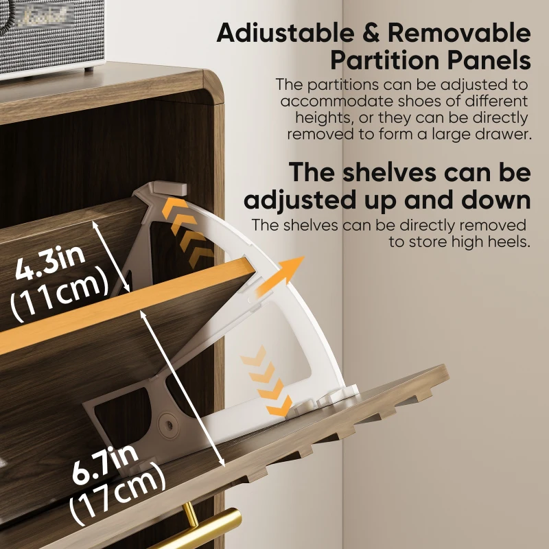 Warm Walnut Shoe Storage Cabinet with 2 Flip-Top Drawers, Mid-Century Freestanding Shoe Cabinet for Entry Hallway, 80L x 24W x 95H cm, Walnut