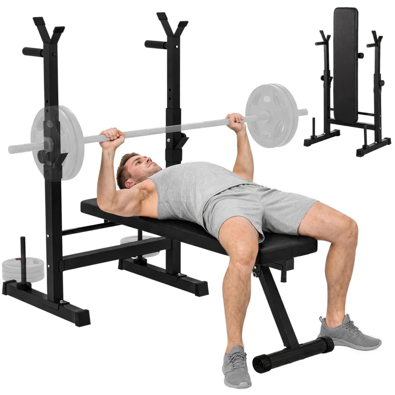 HOMCOM Wielofunkcyjna ławka z regulowanym stojakiem na sztangę, składana ławka treningowa do 220 kg, czarna