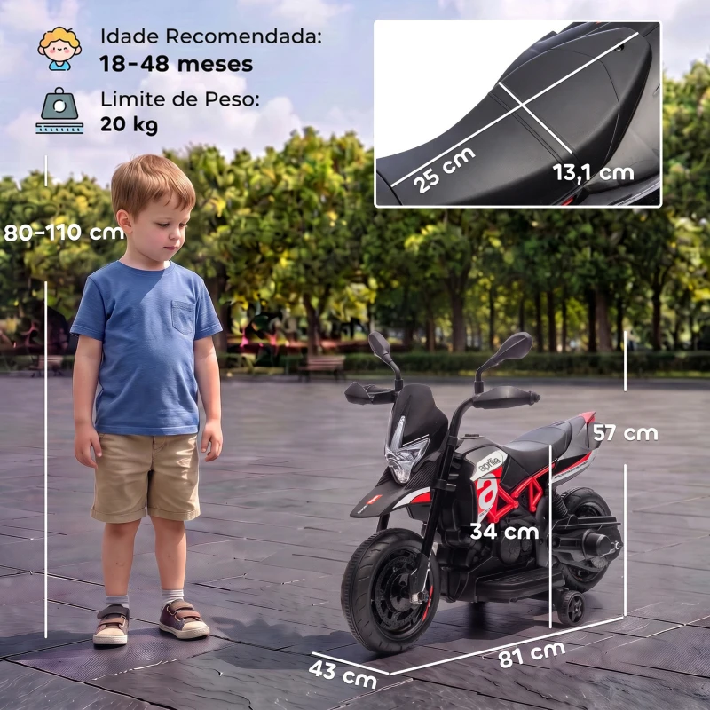 AIYAPLAY Mota Elétrica Infantil 6V com Licença APRILIA, Rodas de Apoio, Frente/Trás, Bateria de Lítio, Música, Vermelha
