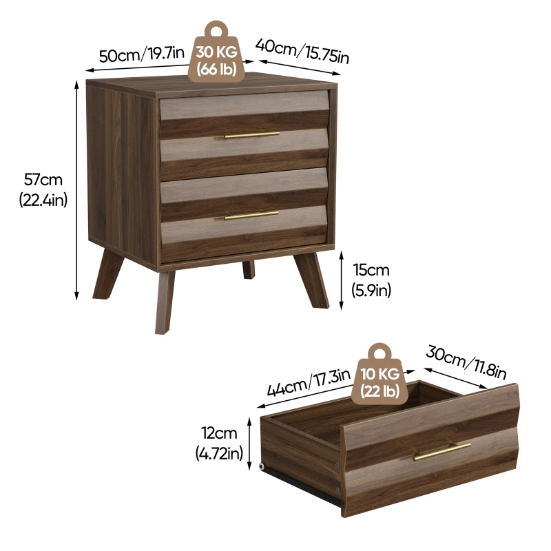 Sturdy Walnut Double Drawer Bedside Table with Metal Handles, Sleek Bedside Storage Cabinet for Bedroom, 50L x 40W x 58H cm, Walnut