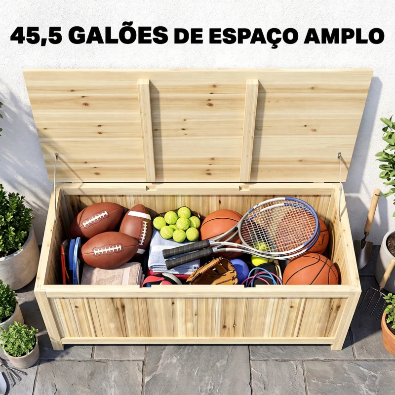 Outsunny Baú de Armazenamento Exterior em Madeira 172 L com Tampa Articulada Resistente às Intempéries para Jardim Madeira